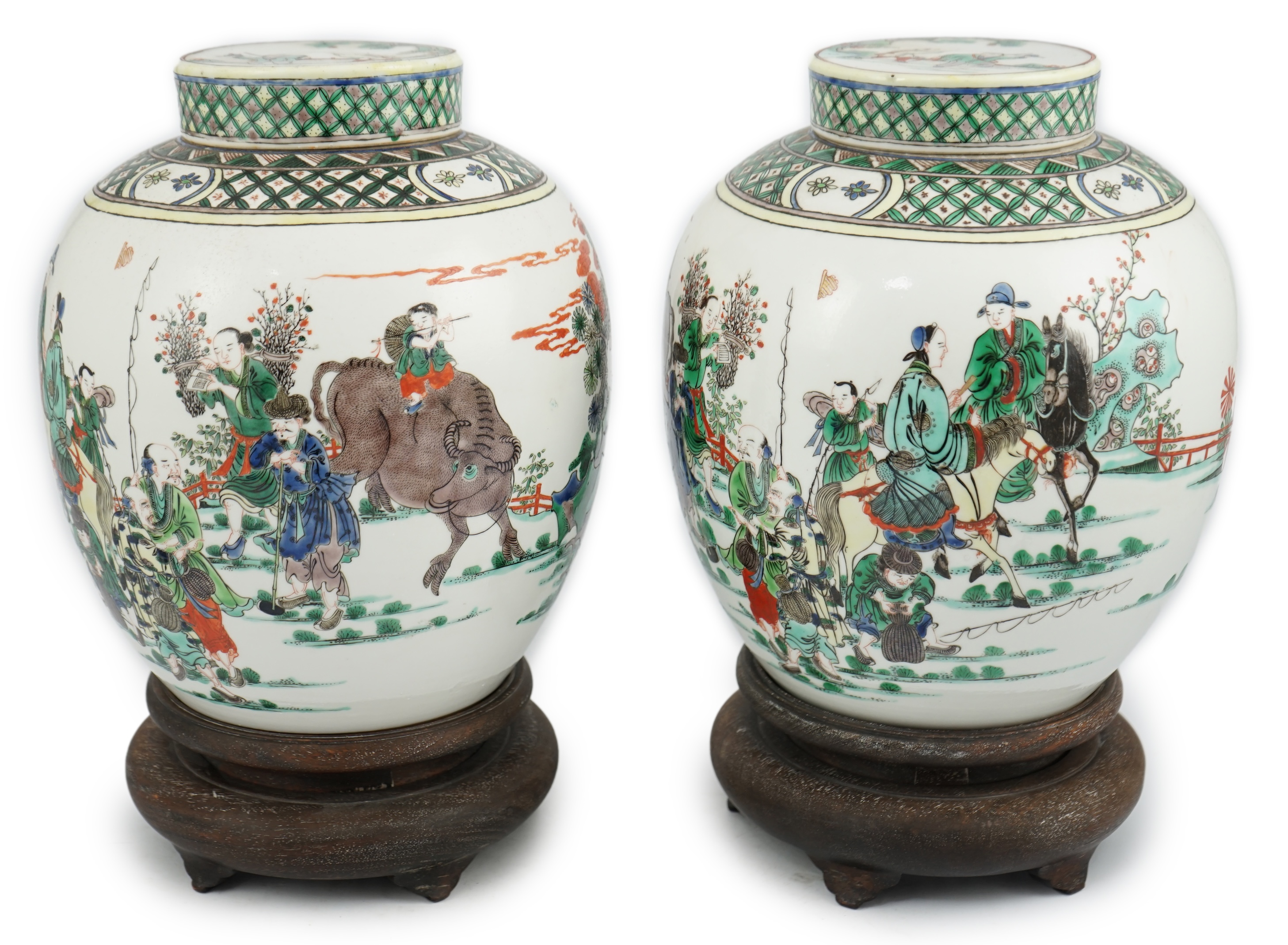 A pair of large Chinese famille verte globular jars and covers, early 20th century